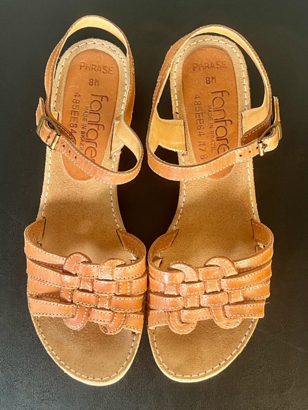 Vintage Boho 1990s Fanfares Leather Wedge Heel Platform Sandals Cognac Brown 7.5 - Picture 2 of 9